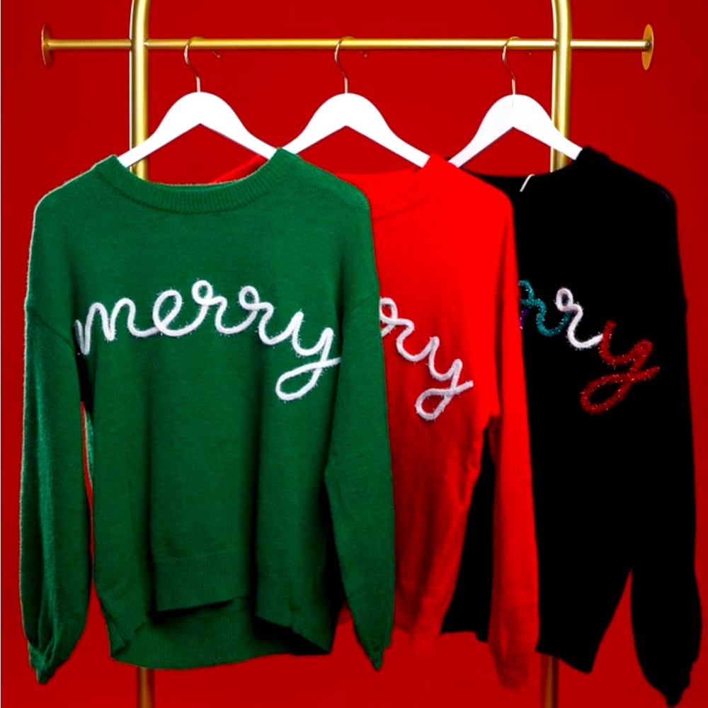 BiBi Red “Merry” Christmas Sweater. Large fits like an XL. Very soft. NWT